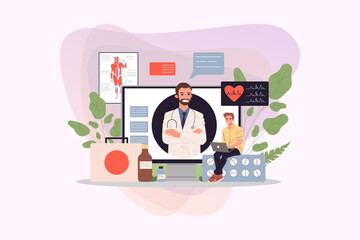 Online doctor flat vector illustration. Young patient with laptop chatting with practitioner. Medical consulting app for healthcare, medicine, internet communication concept