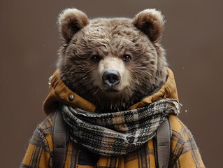 Rugged Lumberjack Bear Wearing Flannel Shirt and Suspenders Isolated on Brown Background