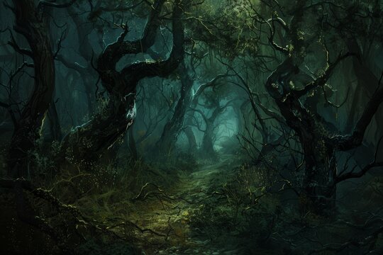 Dark Spooky Forest with Twisted Trees and Hidden Witch's Hut on Eerie Narrow Pathway