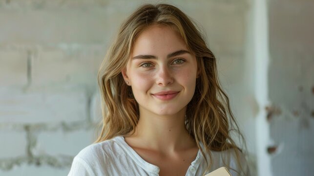 A young woman with long blonde hair wearing a white blouse smiling gently with a hint of a dimple on her right cheek standing in front of a textured wall with a soft natural light