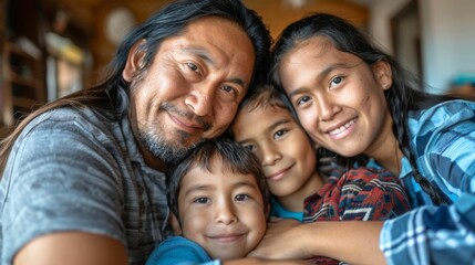 Fototapeta premium A joyful family moment captured with a selfie featuring a man with long hair a young girl and two boys all smiling and embracing each other.