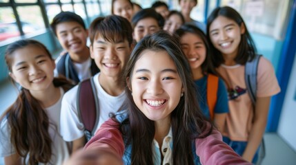 Obraz premium A group of young students posing for a selfie with bright smiles standing in a hallway with backpacks indicating a school setting.