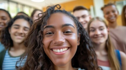 Obraz premium A young woman with a radiant smile surrounded by a group of friends capturing a joyful moment together.