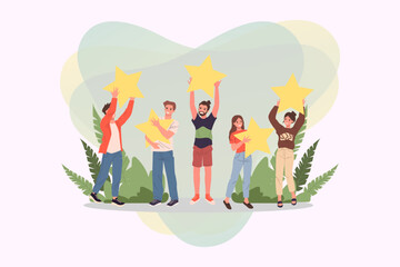 Satisfied customers rating services quality with review stars vector illustration. Happy people holding stars over their hands. Clients giving feedback for marketing survey, customer choice award