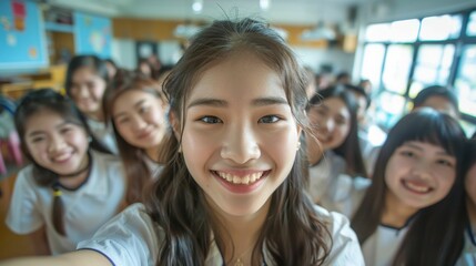 Obraz premium A group of young women possibly students smiling and posing together for a selfie in a classroom setting.
