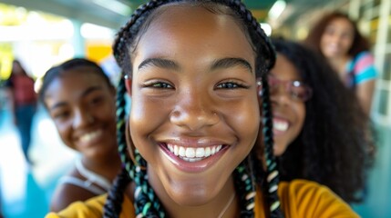 Fototapeta premium A young girl with braided hair smiling brightly at the camera surrounded by friends in a casual outdoor setting.