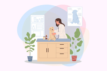 Veterinary office vector illustration. Happy friendly pets doctors examining dog. Veterinarian specialists in clinic for domestic animals. Animal care concept