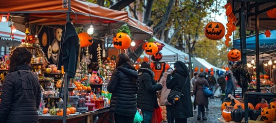 Obraz premium Festive Halloween Craft Fair with Handmade Decorations, Costumes, and Treats for Holiday Celebration
