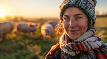 Woman in knit cap and scarf smiling at camera surrounded by grazing sheep in a field at sunset.