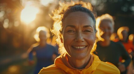 Obraz premium Smiling woman in yellow jacket running in sunlight with blurred background of other runners.