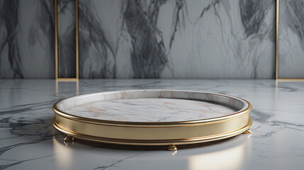 Obraz premium White marble pedestal with gold in the studio room, mockup stand for presentation.