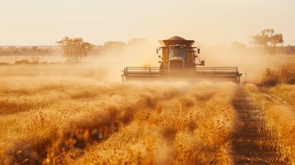 Fototapeta premium Australian Outback Grain Harvest with Dusty Conditions and Rugged Machinery at Sunset