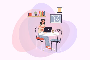 Young woman working on laptop in coffee shop vector illustration. Girl sitting at table in cafe and using laptop. Modern cafe interior. Freelance, cafe, coworking concept