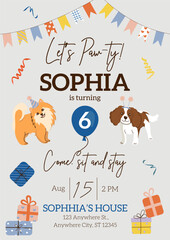 Birthday Pawty Invitation template with cute dogs. Hand-drawn Cavalier king charles spaniel and Pomeranian Spitz with balloon and gifts. Vector illustration for party, event.