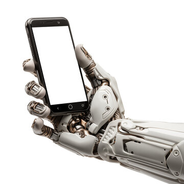 Mano de robot o cyborg sosteniendo un tel&eacute;fono m&oacute;vil moderno.
Maqueta de tel&eacute;fono celular con pantalla blanca sobre fondo transparente.
