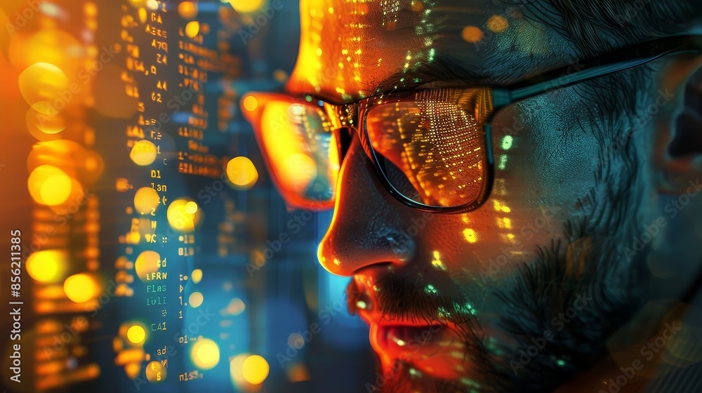 Wall mural Cyberpunk Man Gazing at the Code - A man with a futuristic aesthetic gazes intensely at a screen full of code with a glow reflecting in his glasses.