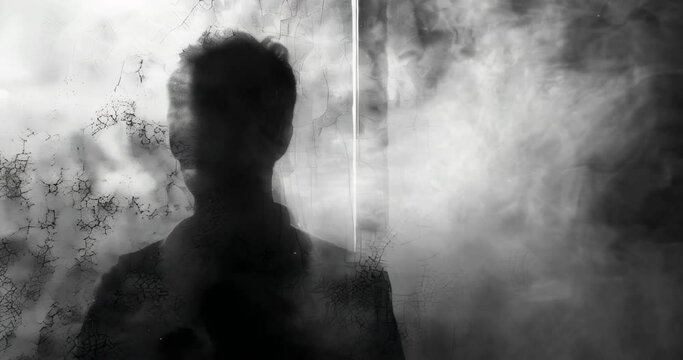 Mysterious silhouette of a person through fogged glass in an abstract black and white image