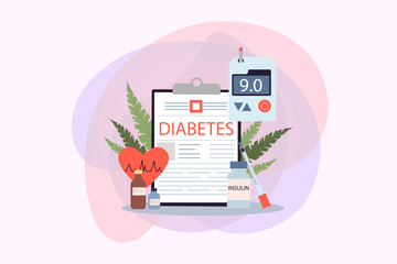 Fototapeta premium Diabets patients medical records vector illustration. Bottles with medicine and insulin syringe. Diabetes control therapy, measuring sugar level with glucometer concept