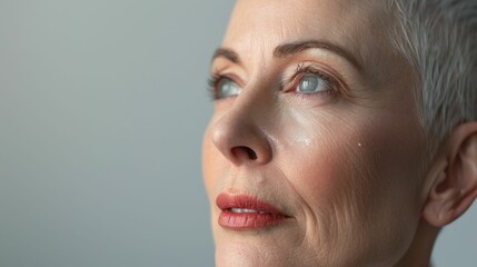 A close-up of a woman with short hair looking off to the side with a thoughtful expression.