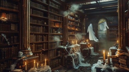 Haunted Halloween Library with Ancient Books and Ghostly Apparitions for Spooky Atmosphere