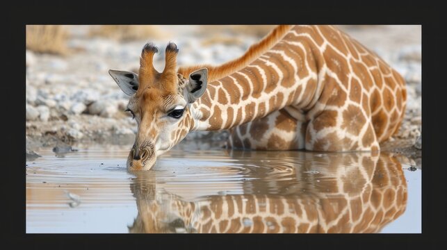 Giraffe Drinking From a Puddly Watering Hole