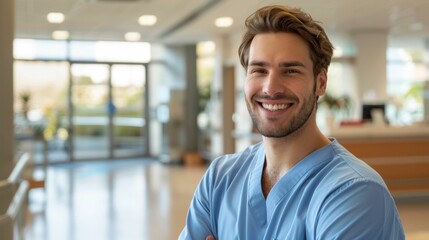 Fototapeta premium Smiling man in blue scrubs standing in a well-lit modern medical facility with large windows and a reception area in the background.