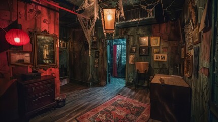 Obraz premium Eerie Haunted House Escape Room with Spooky Atmosphere and Clue-Searching Adventure