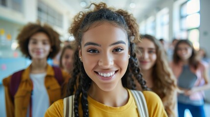 Fototapeta premium Smiling young woman with braided hair wearing yellow top and white bag in a crowded hallway with blurred figures in the background.