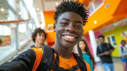 Naklejka premium A young man with a bright smile wearing an orange shirt and a black backpack standing in a colorful indoor space with other students in the background.