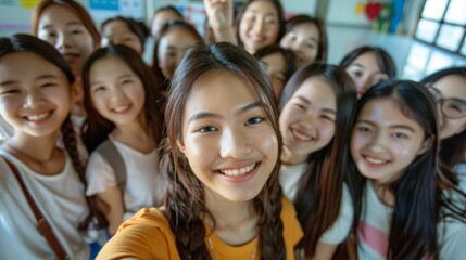 Obraz premium A group of young women posing for a selfie smiling and looking directly at the camera with one girl in the foreground holding the phone.