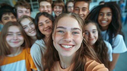 Obraz premium A group of young people mostly girls smiling and posing for a selfie with one girl in the foreground looking directly at the camera showing freckles and a bright smile.