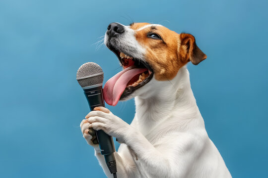Funny cute dog sing a song and holding microphone isolated on color background.