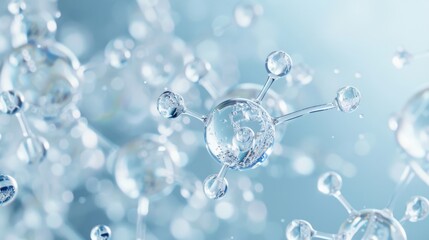 Collection of water molecules represented in a stylized, artistic manner. The molecules are depicted with a glossy, three-dimensional appearance, emphasizing the spherical oxygen atoms