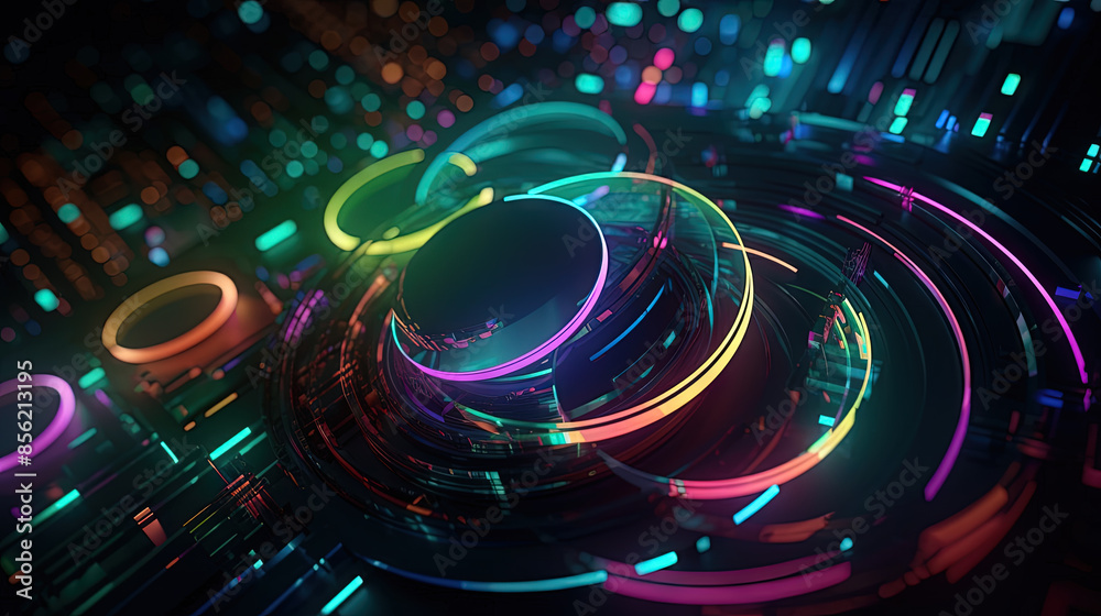 Fototapete technology abstract background with hud styled round interface elements in neon tech light.
