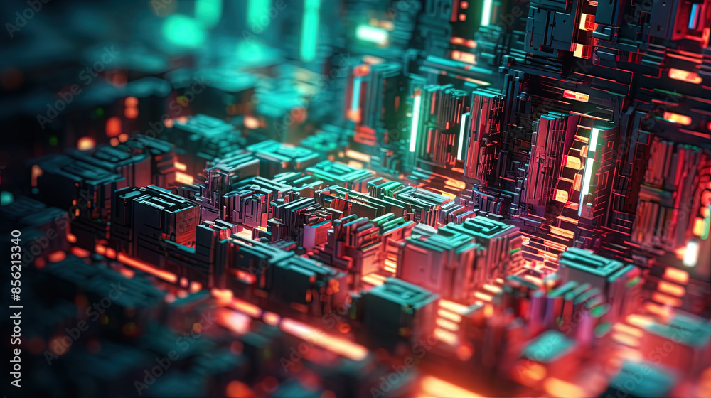 Aufkleber abstract motherboard structure with blocks and chips in purple and blue neon lights. technology back