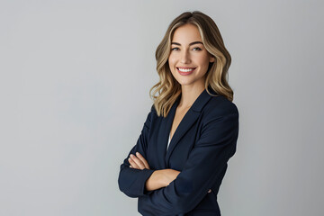 A confident businesswoman in a navy blue suit, standing with arms crossed and smiling, isolated on a solid light gray background