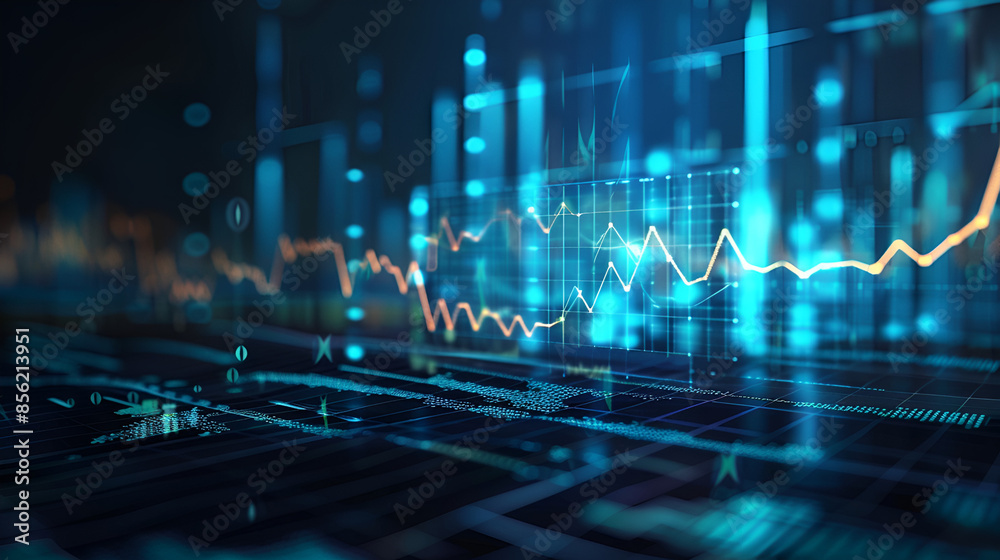 Poster Perspective view of stock market growth, business investing and data concept with digital financial chart graphs, diagrams and indicators