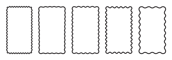 Set of rectangle frames with wavy edges. Rectangular shapes with wiggly borders. Hand drawn wavy rectangle borders. Picture or photo frames, empty text boxes, tags, labels isolated on white background