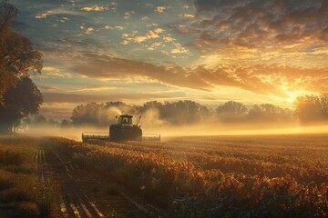 Fototapeta premium Early Morning Harvesting with Tractor under Dawn Mist in Serene Farmland Landscape