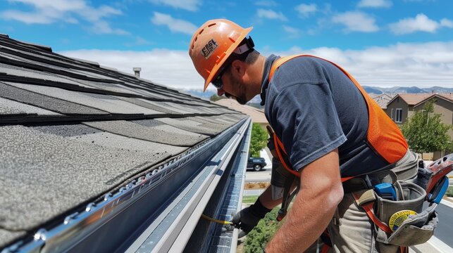 Construction worker in hardhat and safety vest installing rain gutter system on residential house roof