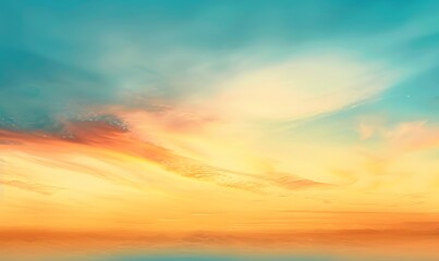 Fototapeta premium A wide, panoramic view of an ethereal sunset sky with rich, gradient colors transitioning from blue to orange to yellow, creating a dreamy and uplifting atmosphere