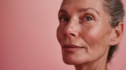 Obraz premium A close-up portrait of a mature woman with a soft expression set against a pink background.