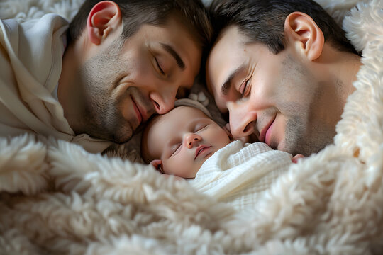 Happy lgbtq couple gay with baby in bed. Happy pride month.