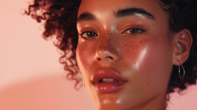 A close-up of a woman with a glowing complexion rosy cheeks and freckles wearing a silver hoop earring with her lips slightly parted and her hair styled in voluminous curls.