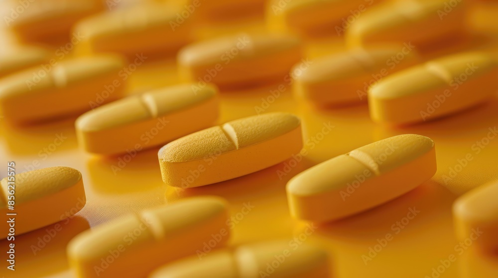 Wall mural Yellow pills arranged on table with empty space medication