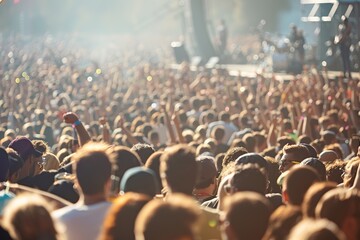 Obraz premium Crowd enjoying concert, summer festival atmosphere, sunlit