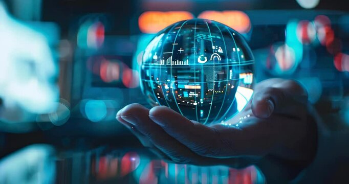Financial symbols and graphs reflected inside a crystal ball held by a hand in a close-up view. Financial insights