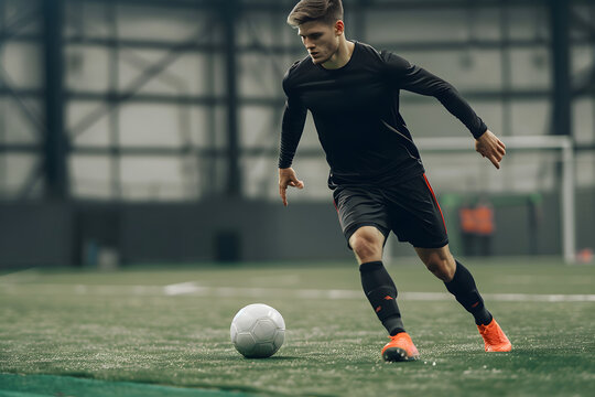 Young soccer player playing football in action on background.