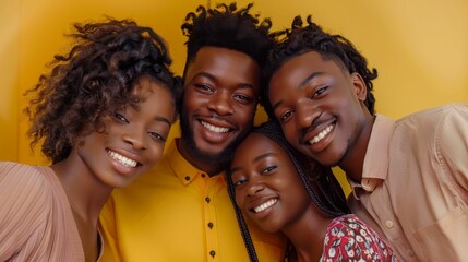 Obraz premium Four young adults posing together for a cheerful portrait with bright smiles against a vibrant yellow background.