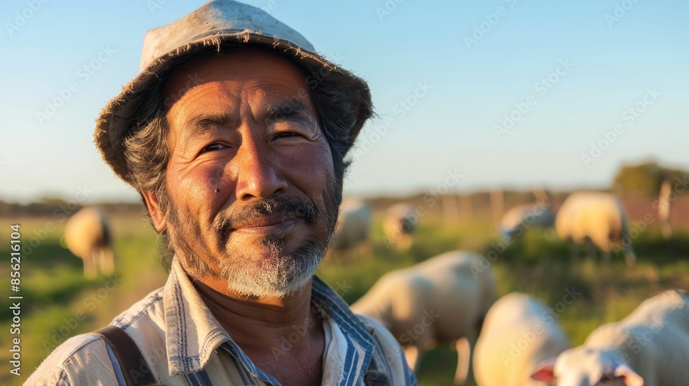 Sticker A contented man with a gray beard and straw hat smiling at the camera standing amidst a flock of sheep grazing in a lush green field under a clear blue sky.